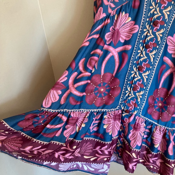 NEW FARM Rio Seashell Tapestry Teal Long Sleeve Mini Dress Floral Beaded Size M - Picture 11 of 16